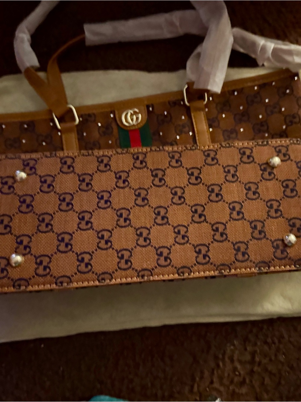 Brown Canvas Tote with Green and Red Web Stripe and Gold Hardware - Picture 5 of 10